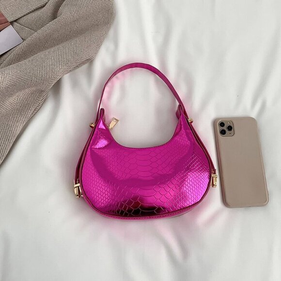 Hot Pink Elegant Women's Metallic Snakeskin Embossed Hobo Bag - Picture 3 of 4